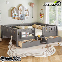 Bellemave® Montessori Bed with Stairs, Rails & Slats, Montessori Floor Bed with Bookshelf & 2 Storage Drawers for Girls & Boys Bellemave®