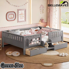 Bellemave® Kids Twin Size Montessori Bed Frame with Built-in Storage Shelves and Drawers, Floor Bed with Staircase and Full-Length High Rails,for Boys, Girls, Wood,Easy Assemble Bellemave®