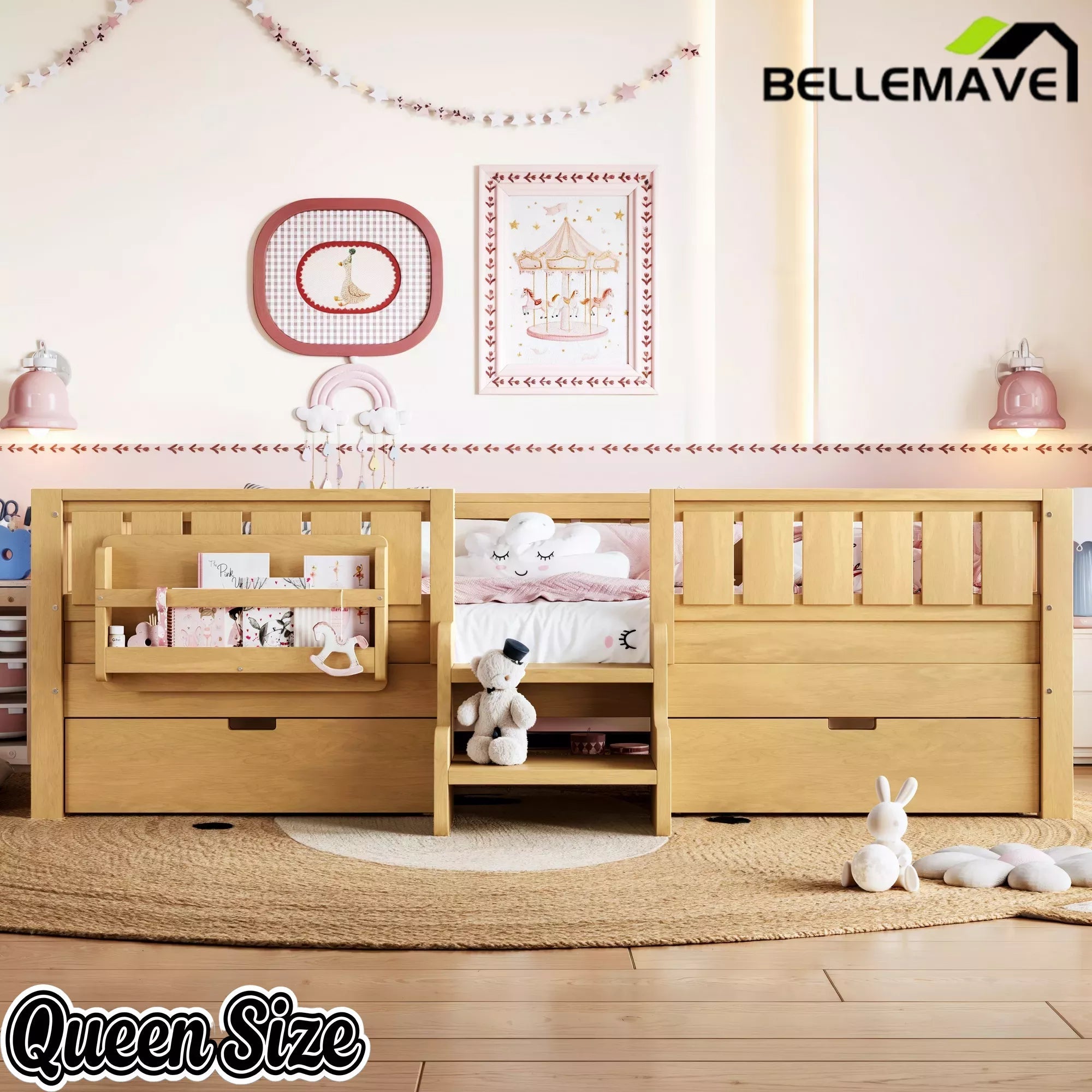 Bellemave® Kids Twin Size Montessori Bed Frame with Built-in Storage Shelves and Drawers, Floor Bed with Staircase and Full-Length High Rails,for Boys, Girls, Wood,Easy Assemble Bellemave®