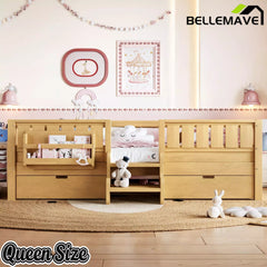 Bellemave® Kids Twin Size Montessori Bed Frame with Built-in Storage Shelves and Drawers, Floor Bed with Staircase and Full-Length High Rails,for Boys, Girls, Wood,Easy Assemble Bellemave®