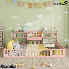 Bellemave® Floor Bed Frame with Bookcase and 3-Tier Storage Shelves, Montessori Style Kids Bed with Safety Fence