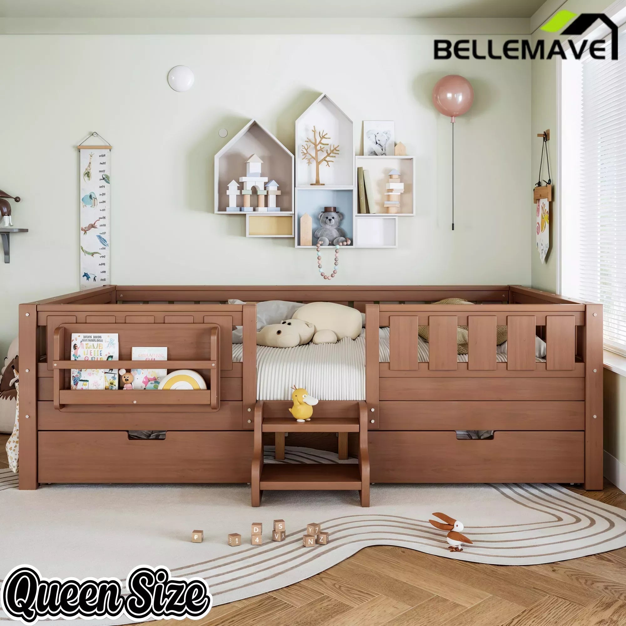 Bellemave® Montessori Bed with Stairs, Rails & Slats, Montessori Floor Bed with Bookshelf & 2 Storage Drawers for Girls & Boys Bellemave®