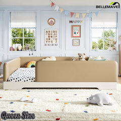 Bellemave® Upholstered Montessori Floor Bed with Removable Guardrails, Faux Leather Low Profile Platform Bed