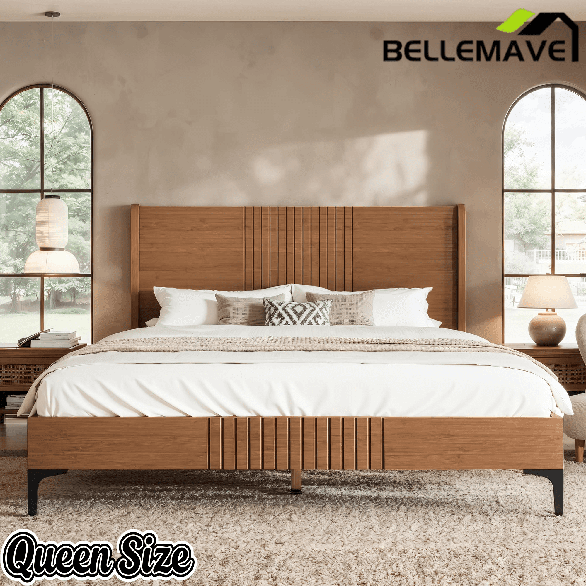 Bellemave® Solid Bamboo Platform Bed, Mid-Century Modern Bed Frame with Headboard, Round Corner Design Bellemave®