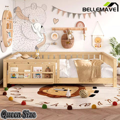 Bellemave® Kids Montessori Floor Bed with Safety Guardrails, Built-in Bookcase & Wooden Slats — Twin, Full, Queen Sizes Bellemave®