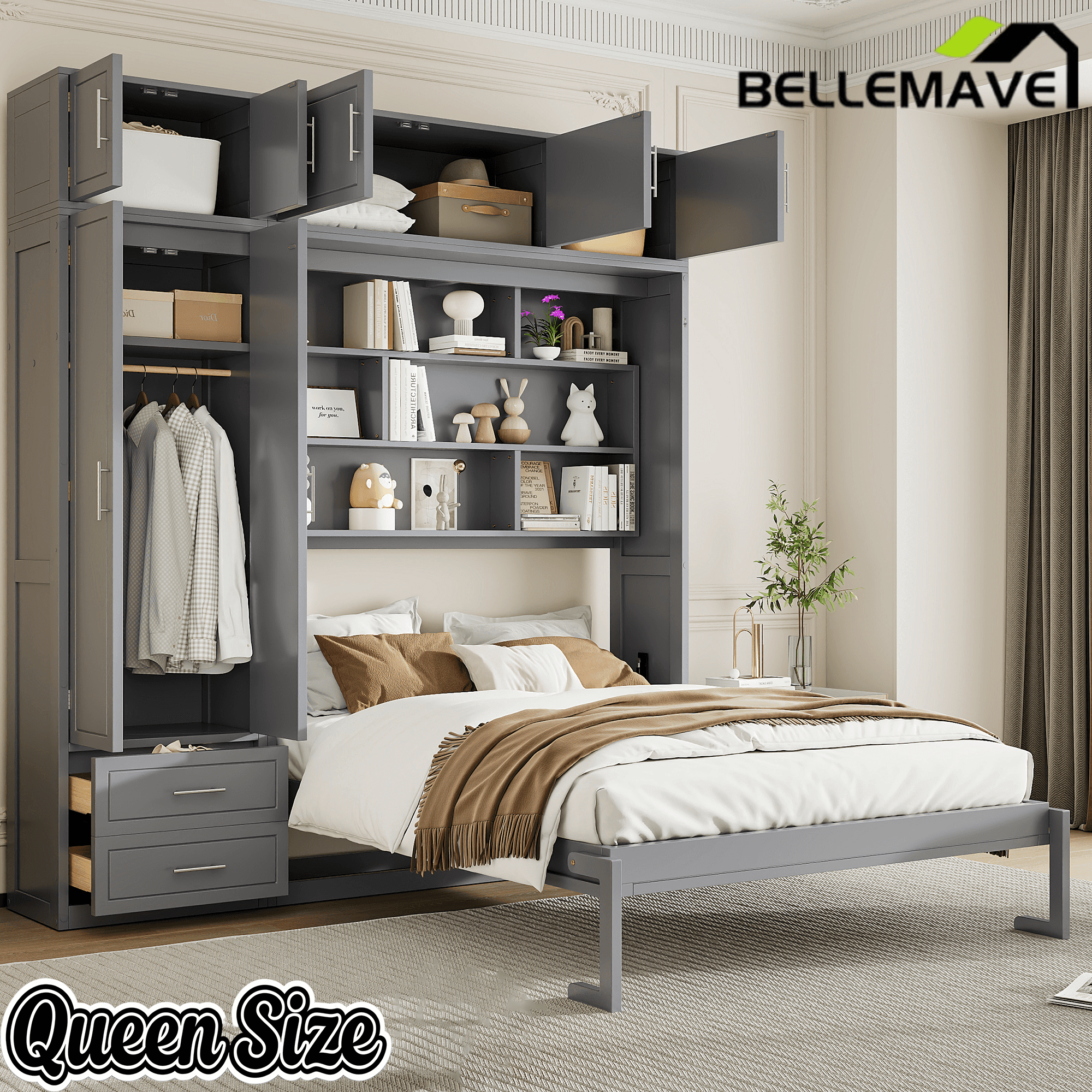 Bellemave® Queen Size Murphy Bed with Top Cabinet & Shelves,Space-Saving Multifunctional Hideaway Wall Foldable Bed,Bedroom Folding Bedframe for Guest Room Bellemave®