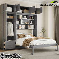 Bellemave® Queen Size Murphy Bed with Top Cabinet & Shelves,Space-Saving Multifunctional Hideaway Wall Foldable Bed,Bedroom Folding Bedframe for Guest Room Bellemave®