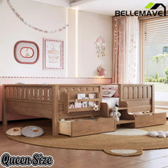 Bellemave® Kids Twin Size Montessori Bed Frame with Built-in Storage Shelves and Drawers, Floor Bed with Staircase and Full-Length High Rails,for Boys, Girls, Wood,Easy Assemble Bellemave®