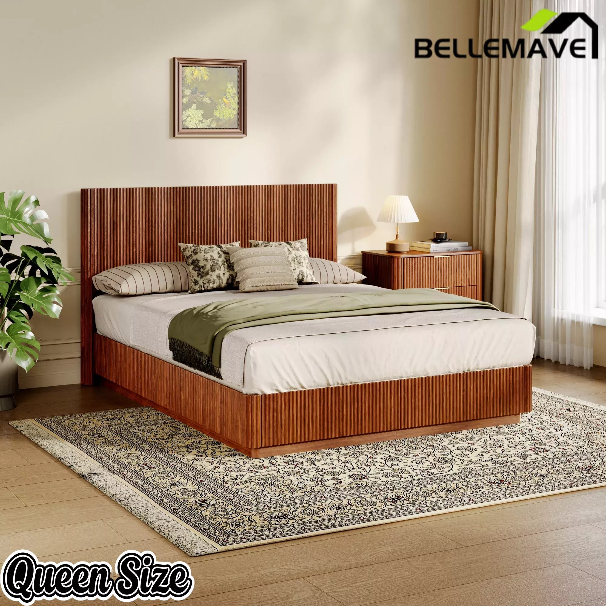 Bellemave® Mid Century Modern Bed Frame, Fluted Platform Bed Frame with Headboard, Wood & Steel Platform Beds with LED Lights, Heavy Metal Frame Support Bellemave®