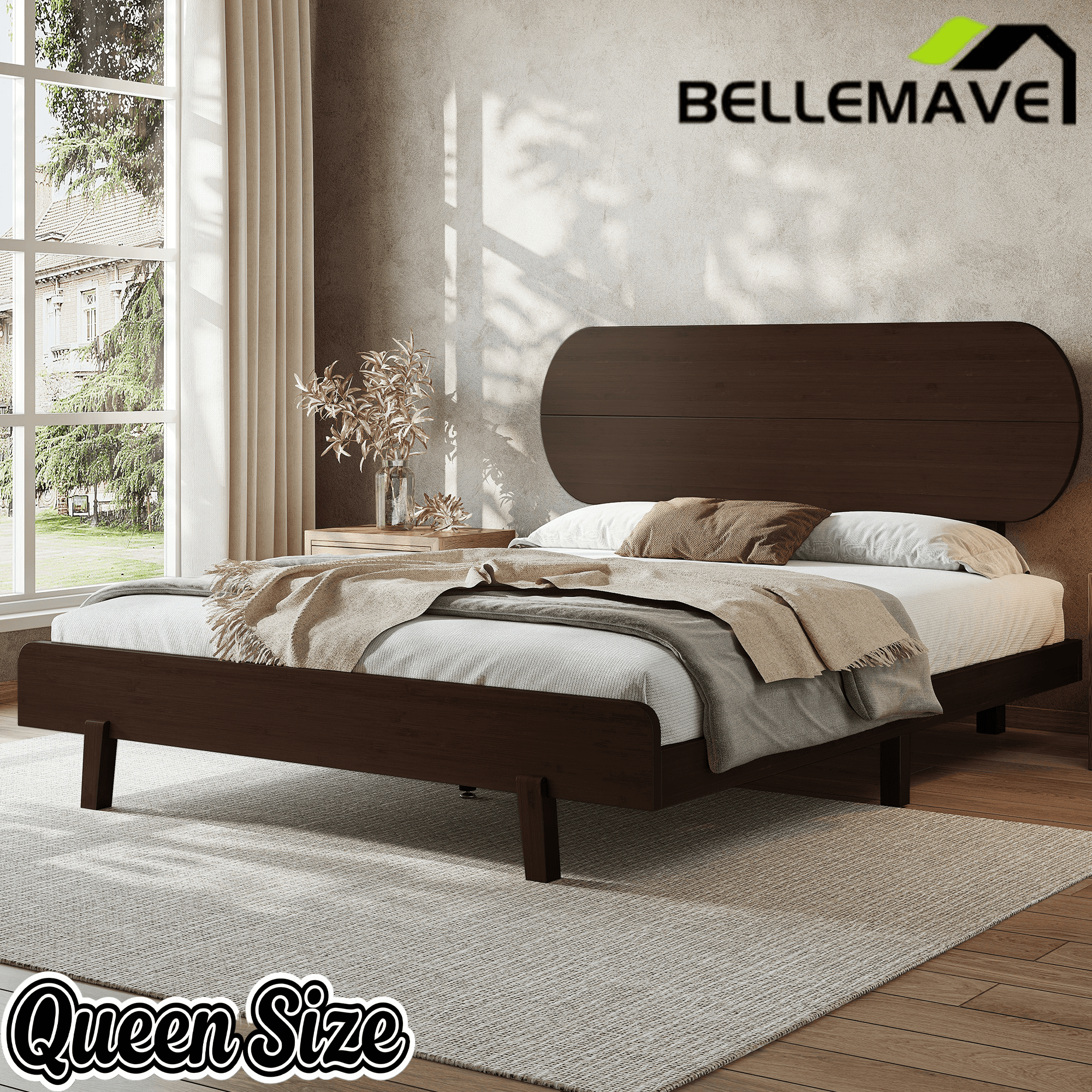 Bellemave® Bamboo Bed Frame with Headboard,Bamboo Platform Bed Frame with Rounded Headboard and Wood Slats,Easy Assembly Bellemave®