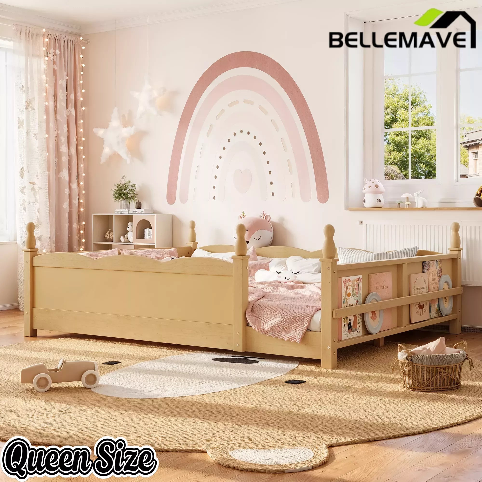 Bellemave® Floor Bed with Bookshelf & Safety Guardrails for Kids, Wooden Montessori Bed Frame with Childlike Design for Girls Boys Bellemave®