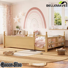 Bellemave® Floor Bed with Bookshelf & Safety Guardrails for Kids, Wooden Montessori Bed Frame with Childlike Design for Girls Boys Bellemave®