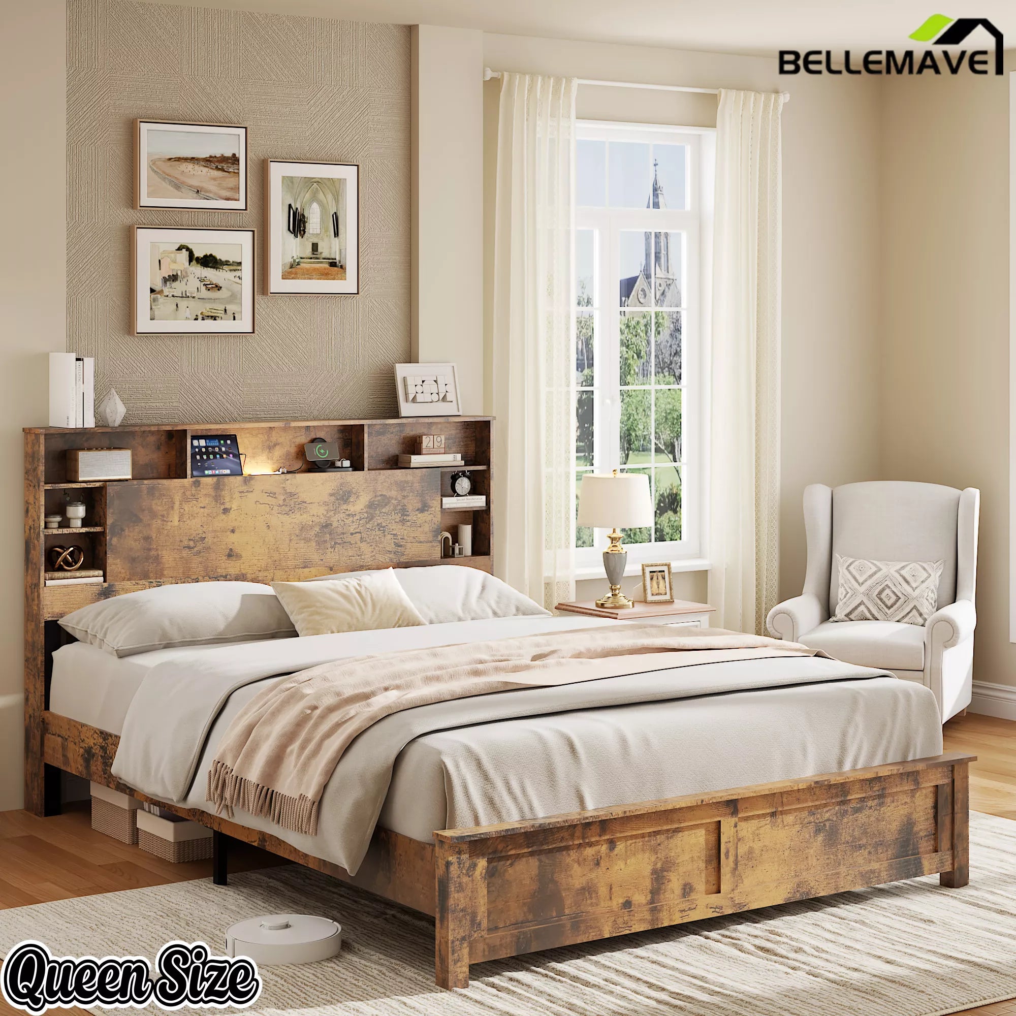 Queen Size Wood Platform Bed with Storage Headboard