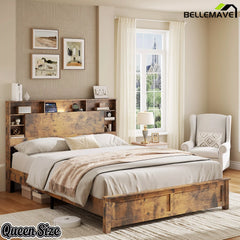 Queen Size Wood Platform Bed with Storage Headboard