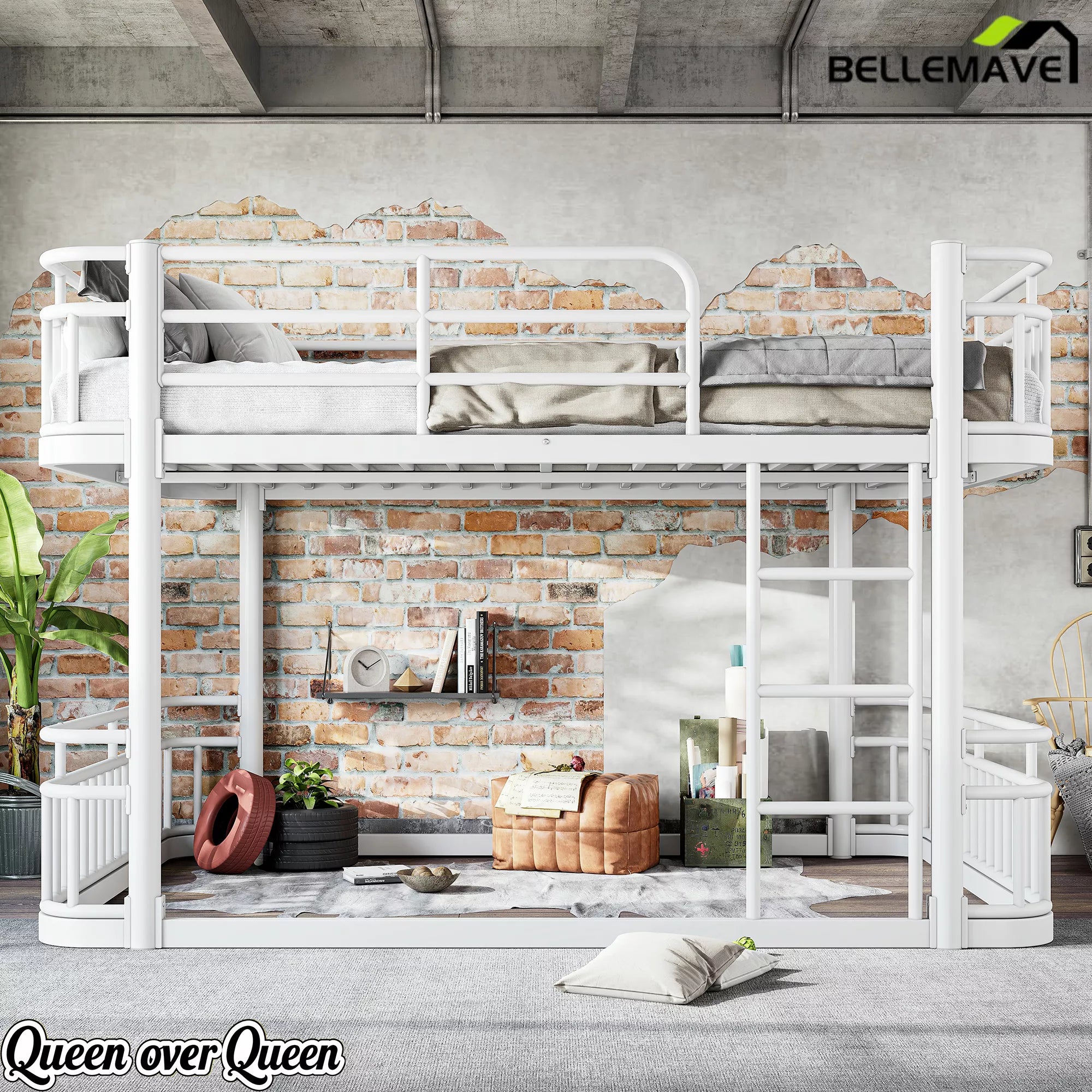 white queen size metal bunk bed for shared bedroom