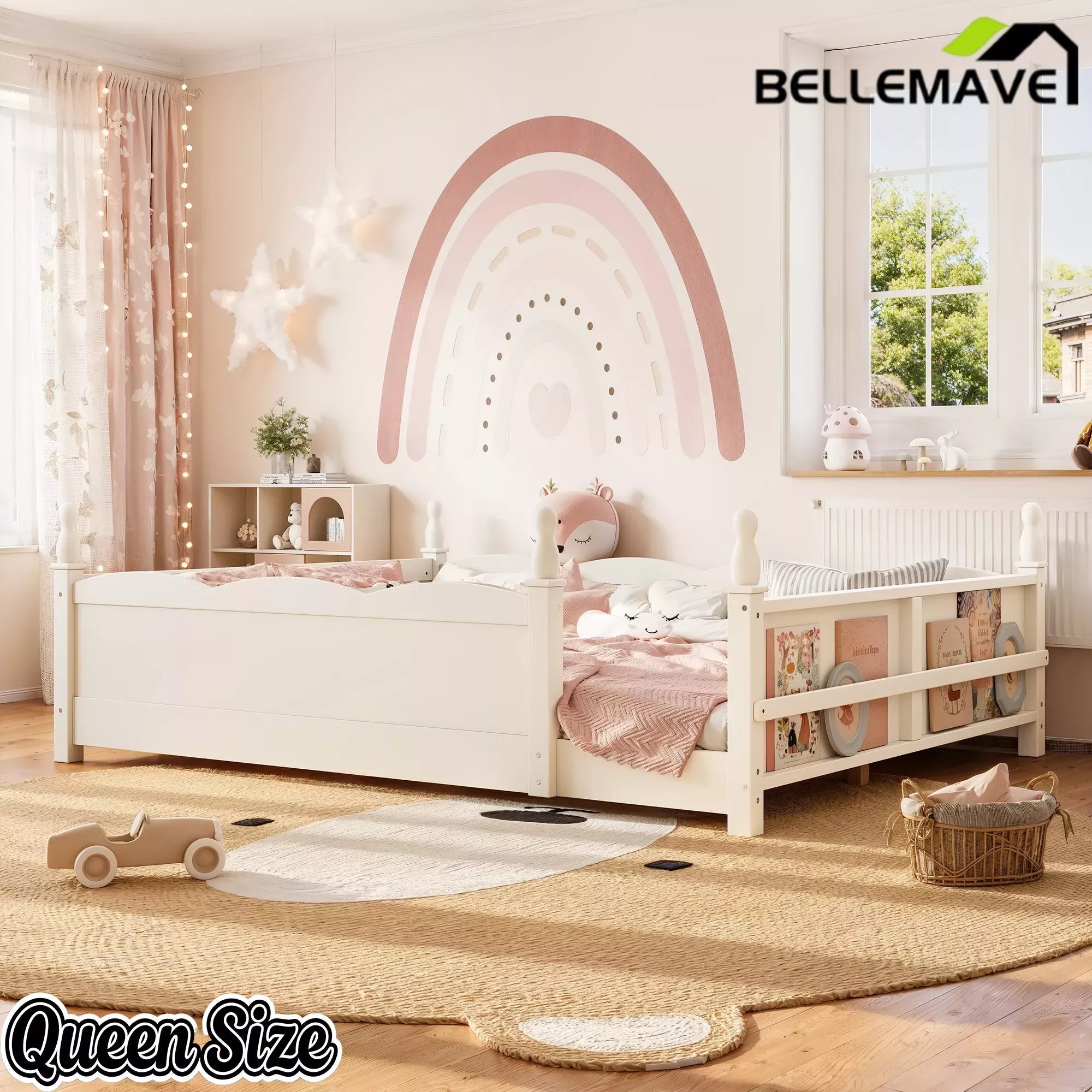 Bellemave® Floor Bed with Bookshelf & Safety Guardrails for Kids, Wooden Montessori Bed Frame with Childlike Design for Girls Boys Bellemave®