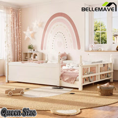 Bellemave® Floor Bed with Bookshelf & Safety Guardrails for Kids, Wooden Montessori Bed Frame with Childlike Design for Girls Boys Bellemave®