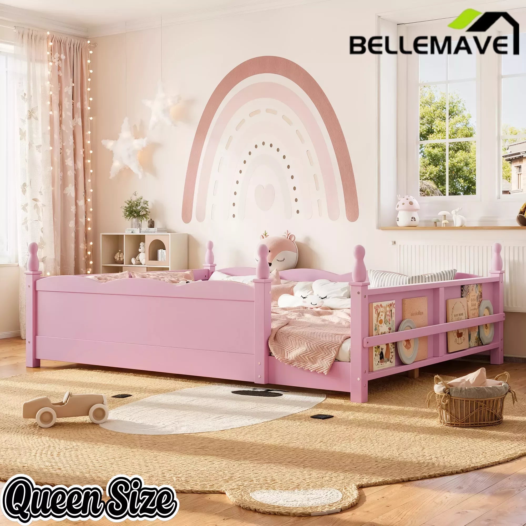 Bellemave® Floor Bed with Bookshelf & Safety Guardrails for Kids, Wooden Montessori Bed Frame with Childlike Design for Girls Boys Bellemave®