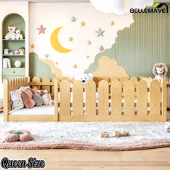Bellemave® Solid Wood Montessori Floor Bed with Fence Guardrails, Low Profile Kids Floor Bed Frame