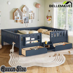 Bellemave® Montessori Bed with Stairs, Rails & Slats, Montessori Floor Bed with Bookshelf & 2 Storage Drawers for Girls & Boys Bellemave®