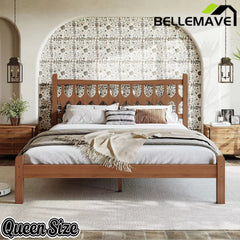 Bellemave® Bamboo Platform Bed with Diamond-shaped headboard, Solid Bamboo-made Bed Frame with Support Slats, for Bedroom, Guest Rooms, Brown Bellemave®