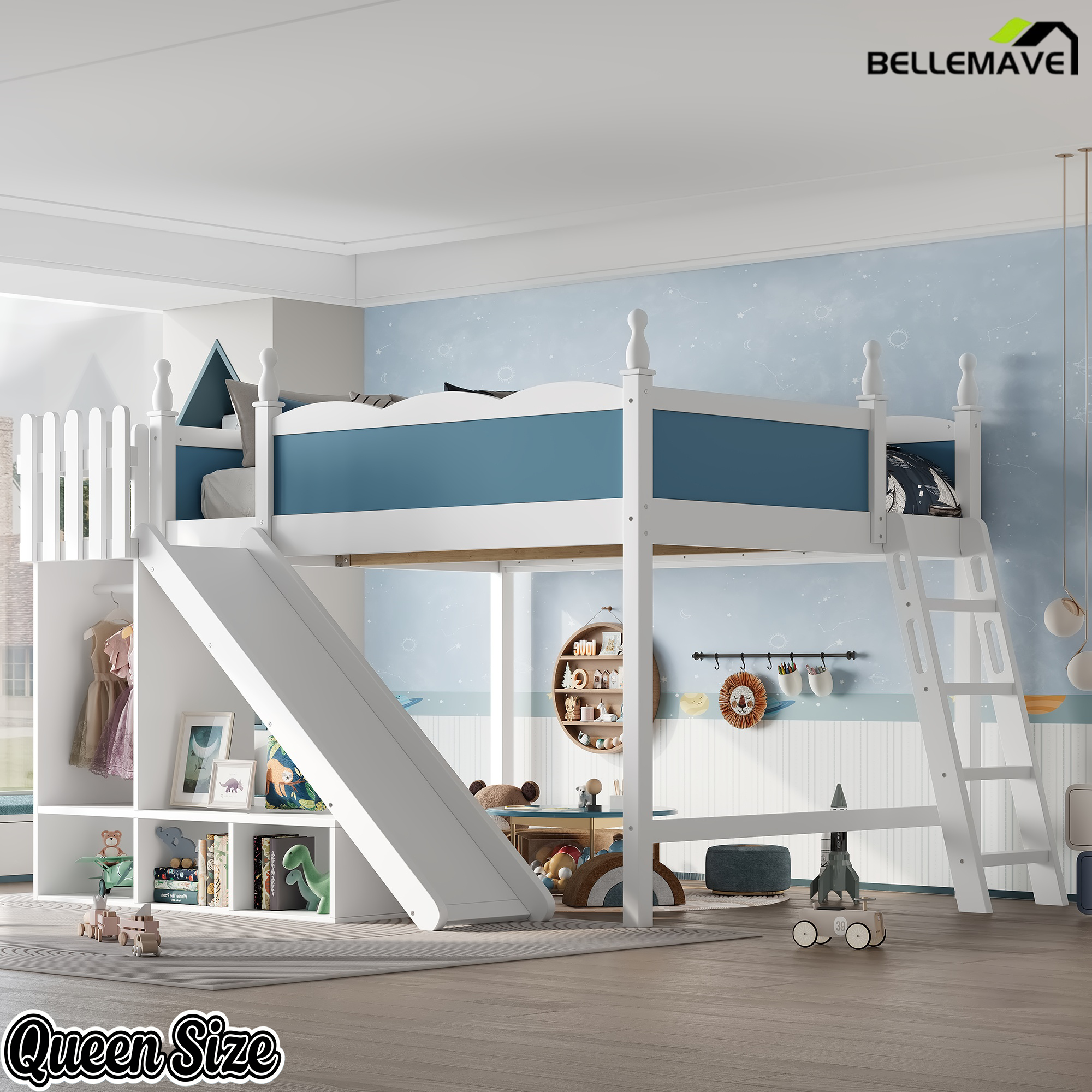 Bellemave® Kids Loft Bed with Storage Shelves & Wardrobe, Solid Wood Loft Bed Frame with Detachable Slide & Ladder for Girls Boys Bellemave®