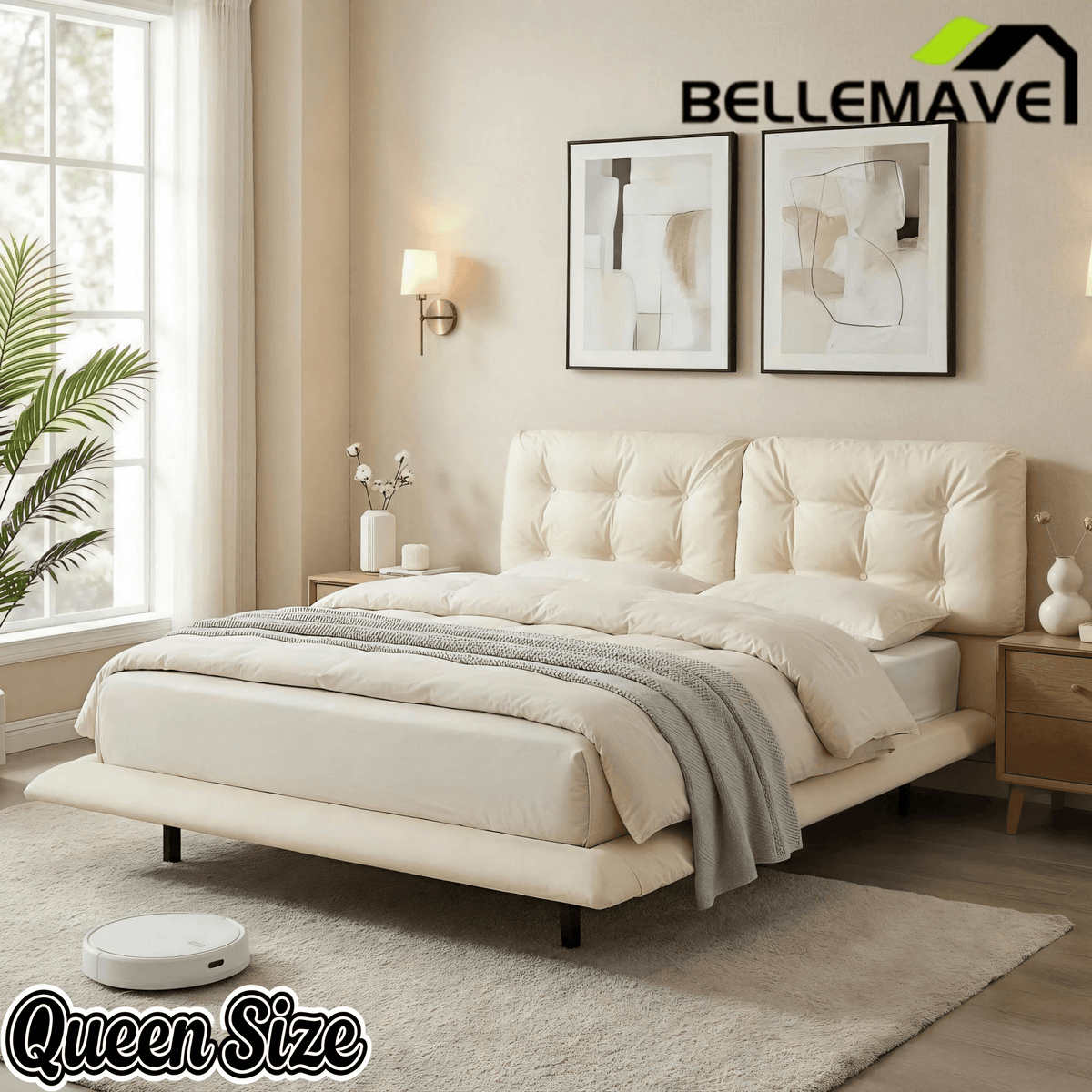 Bellemave® Upholstered Floating Bed with LED Light, Queen Size Wood Platform Bed Frame with Headboard Bellemave®