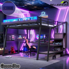 Bellemave® Metal Loft Bed with Storage Stairs, USB Ports, LED Lights, Pegboard & Built-in Wardrobe, Noise-Reduced Design, Black Bellemave®