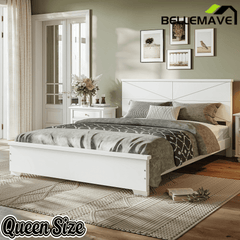 Bellemave® Platform Bed with Chic Design Headboard, Modern Full Bed Frame with Wood Slats Support, Low Profile Design, White