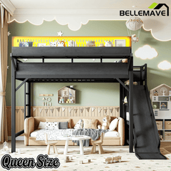 Bellemave® Loft Bed with Ladder, Storage Shelves & Slide,Wardrobe & Pegboard, Metal Loft Bed Frame with USB Ports & LED Lights Bellemave®