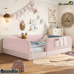 Bellemave® Kids Upholstered Floor Bed with Full Surround Safety Rails, Montessori Low Profile Bed with Teddy Fleece Frame & Side Storage Pocket