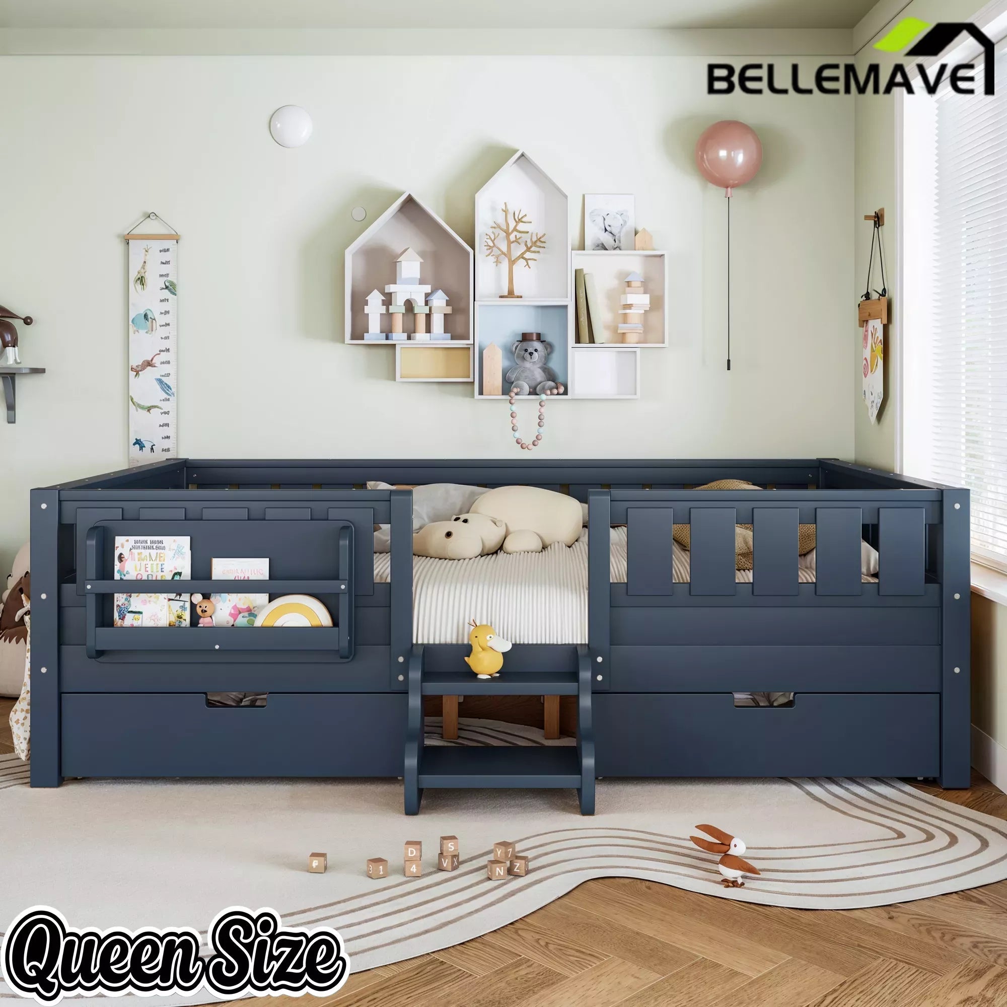 Bellemave® Montessori Bed with Stairs, Rails & Slats, Montessori Floor Bed with Bookshelf & 2 Storage Drawers for Girls & Boys Bellemave®