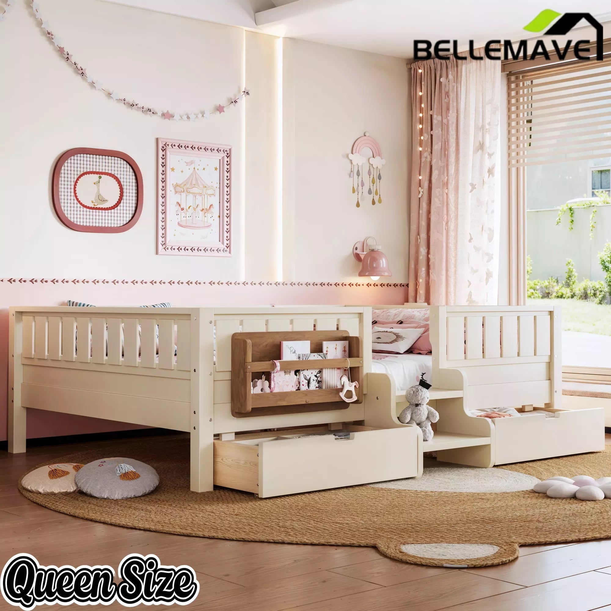 Bellemave® Kids Twin Size Montessori Bed Frame with Built-in Storage Shelves and Drawers, Floor Bed with Staircase and Full-Length High Rails,for Boys, Girls, Wood,Easy Assemble Bellemave®