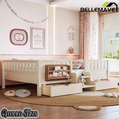 Bellemave® Kids Twin Size Montessori Bed Frame with Built-in Storage Shelves and Drawers, Floor Bed with Staircase and Full-Length High Rails,for Boys, Girls, Wood,Easy Assemble Bellemave®