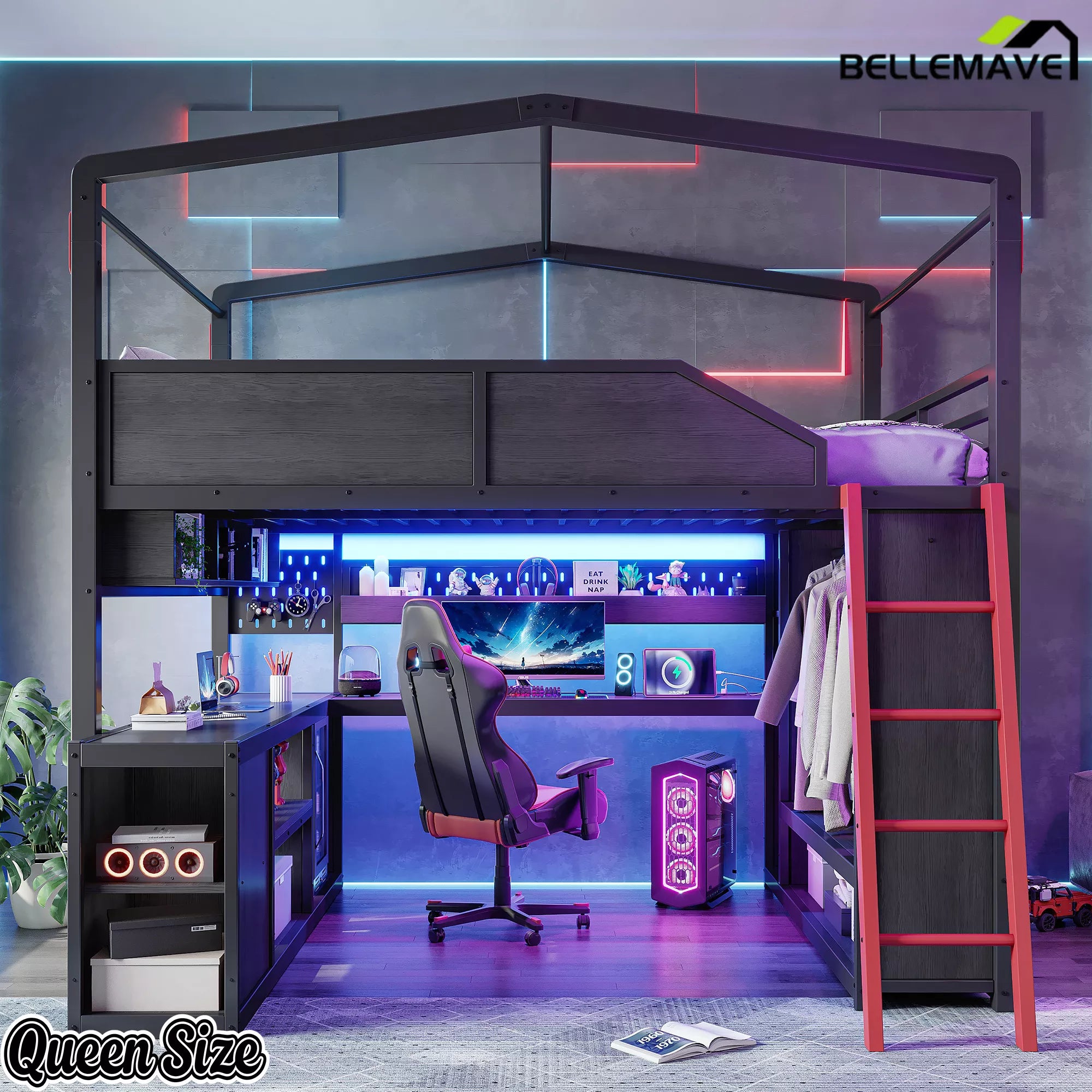 Queen Size Metal House Loft Bed with Desk