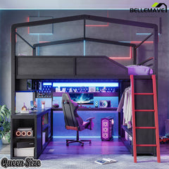 Queen Size Metal House Loft Bed with Desk