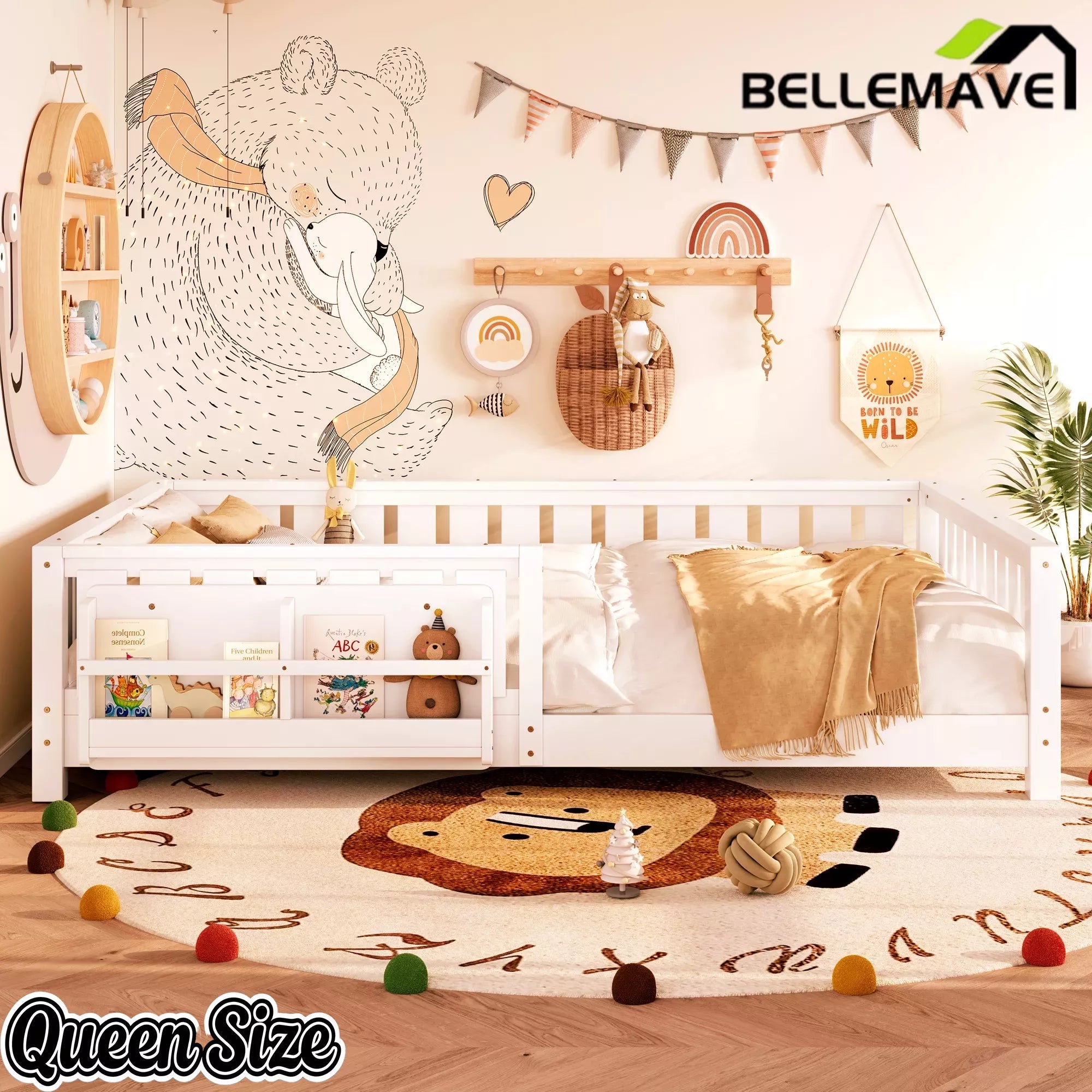 Bellemave® Kids Montessori Floor Bed with Safety Guardrails, Built-in Bookcase & Wooden Slats — Twin, Full, Queen Sizes Bellemave®