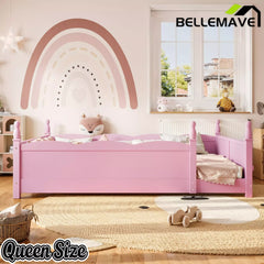 Bellemave® Floor Bed with Bookshelf & Safety Guardrails for Kids, Wooden Montessori Bed Frame with Childlike Design for Girls Boys Bellemave®