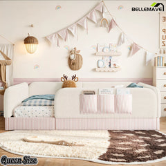 Bellemave® Kids Upholstered Floor Bed with Full Surround Safety Rails, Montessori Low Profile Bed with Teddy Fleece Frame & Side Storage Pocket