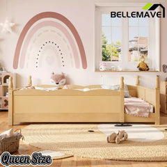 Bellemave® Floor Bed with Bookshelf & Safety Guardrails for Kids, Wooden Montessori Bed Frame with Childlike Design for Girls Boys Bellemave®