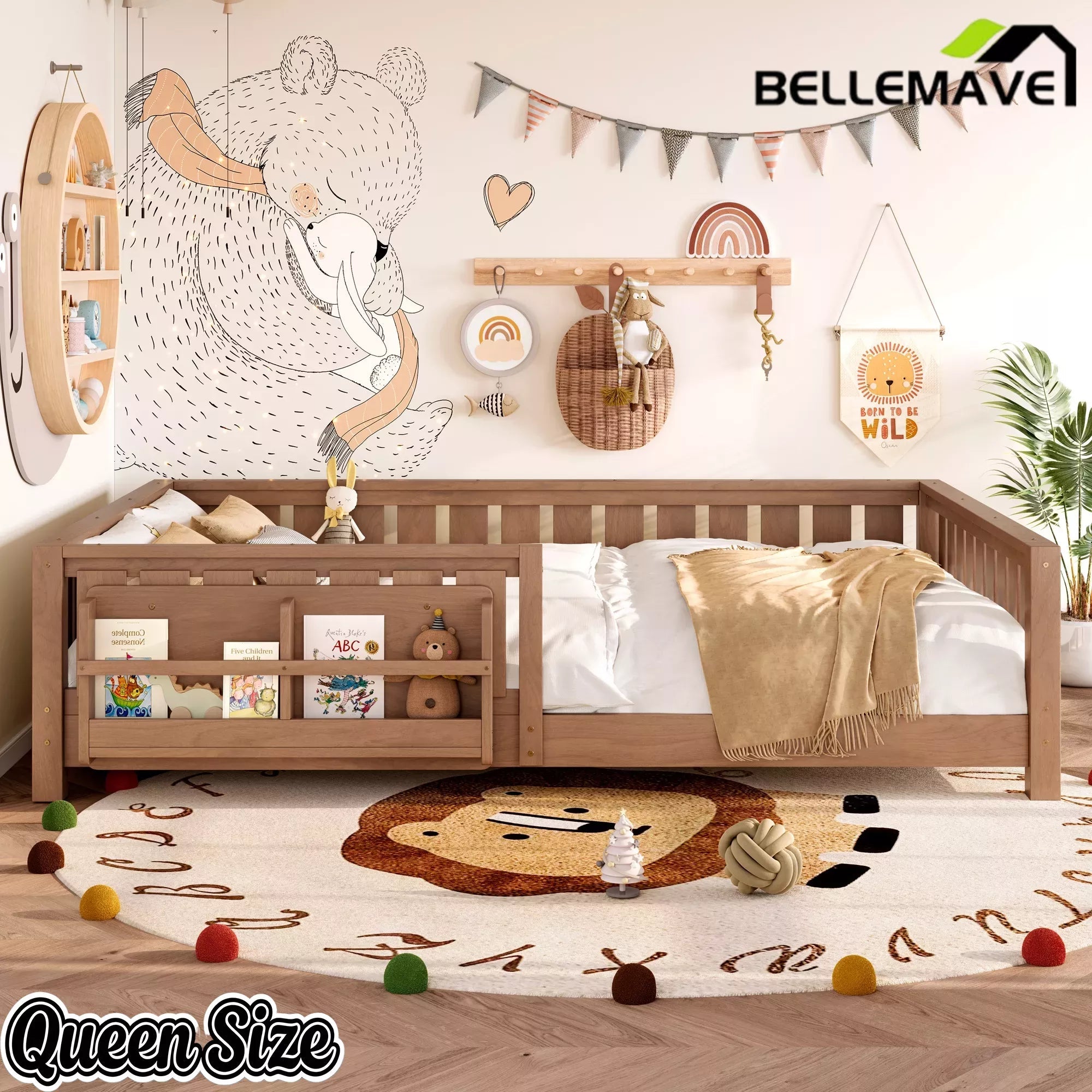 Bellemave® Kids Montessori Floor Bed with Safety Guardrails, Built-in Bookcase & Wooden Slats — Twin, Full, Queen Sizes Bellemave®