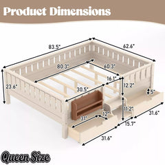 Bellemave® Montessori Bed with Stairs, Rails & Slats, Montessori Floor Bed with Bookshelf & 2 Storage Drawers for Girls & Boys Bellemave®