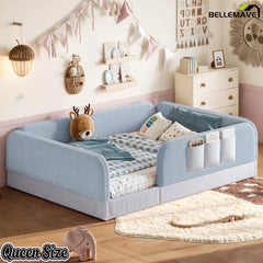 Bellemave® Kids Upholstered Floor Bed with Full Surround Safety Rails, Montessori Low Profile Bed with Teddy Fleece Frame & Side Storage Pocket