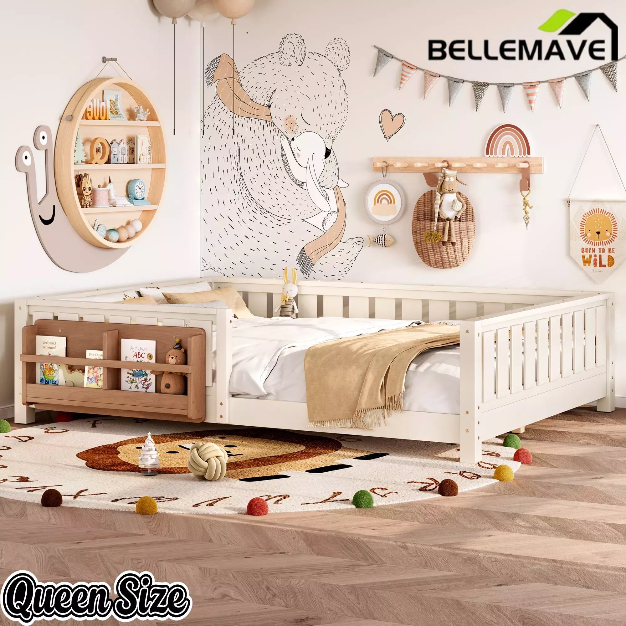 Bellemave® Kids Montessori Floor Bed with Safety Guardrails, Built-in Bookcase & Wooden Slats — Twin, Full, Queen Sizes Bellemave®