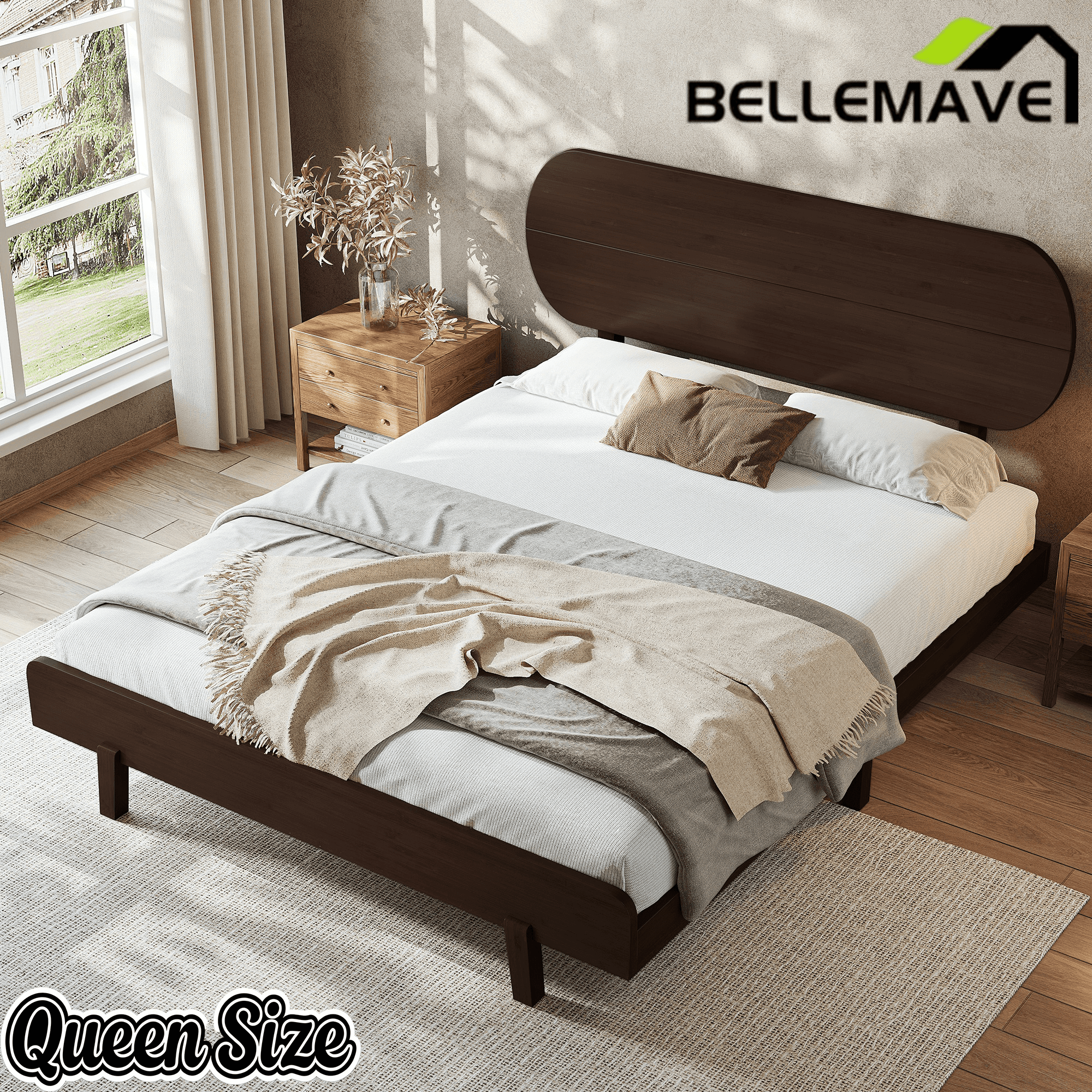 Bellemave® Bamboo Bed Frame with Headboard,Bamboo Platform Bed Frame with Rounded Headboard and Wood Slats,Easy Assembly Bellemave®