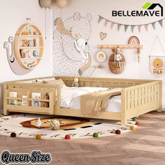 Bellemave® Kids Montessori Floor Bed with Safety Guardrails, Built-in Bookcase & Wooden Slats — Twin, Full, Queen Sizes Bellemave®