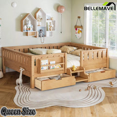 Bellemave® Montessori Bed with Stairs, Rails & Slats, Montessori Floor Bed with Bookshelf & 2 Storage Drawers for Girls & Boys Bellemave®