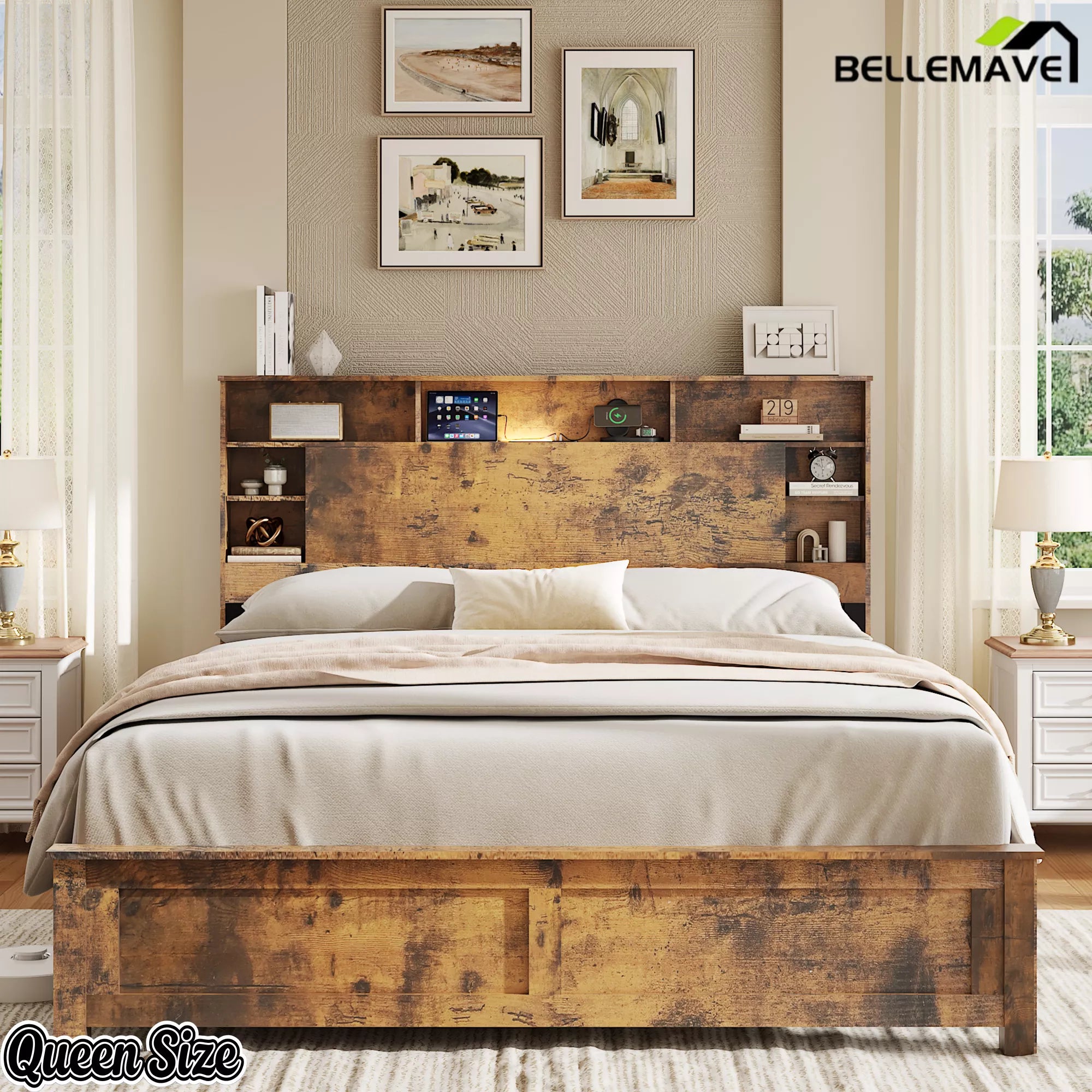 Queen Size Bed Frame with Bookcase Storage Headboard