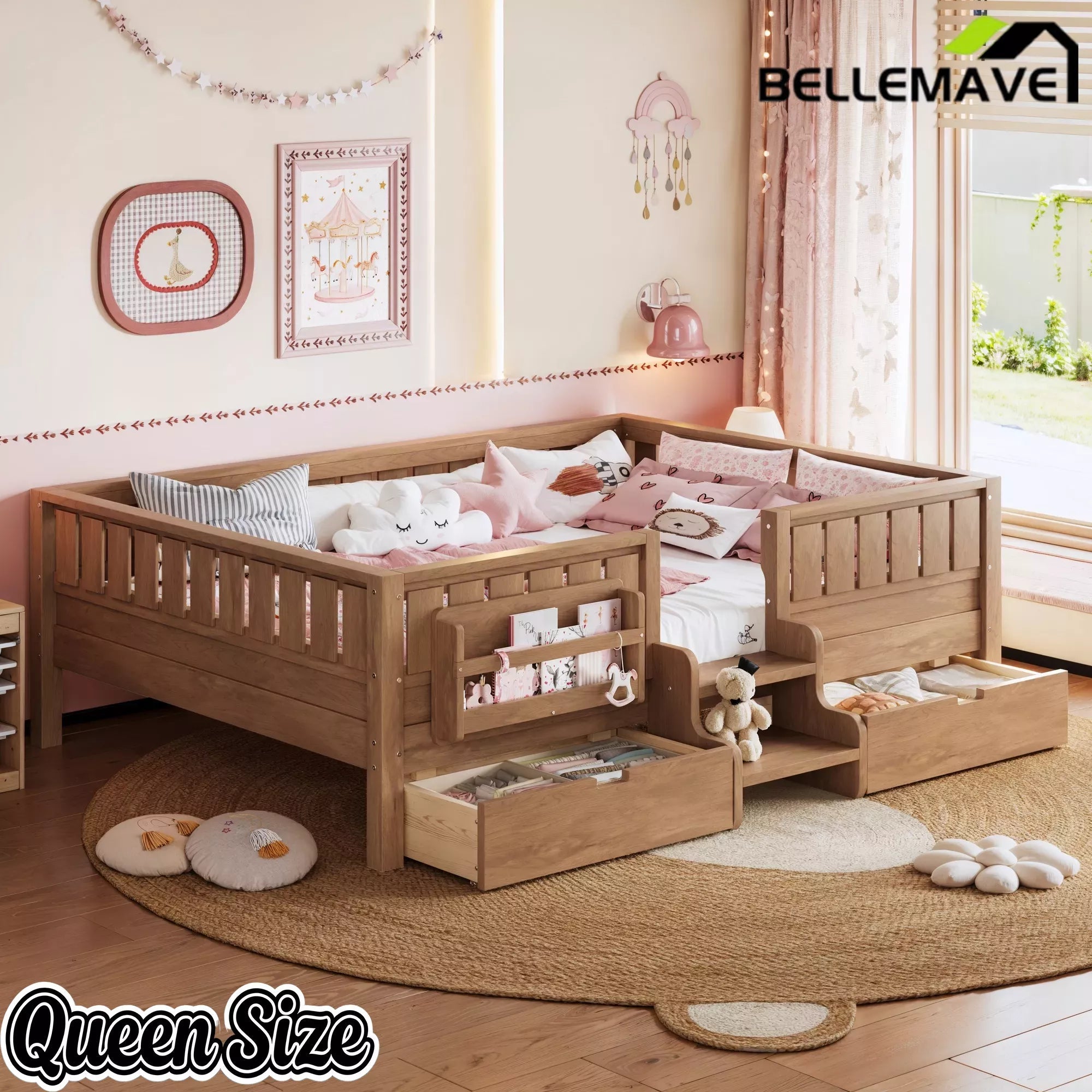 Bellemave® Kids Twin Size Montessori Bed Frame with Built-in Storage Shelves and Drawers, Floor Bed with Staircase and Full-Length High Rails,for Boys, Girls, Wood,Easy Assemble Bellemave®