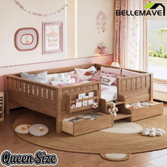 Bellemave® Kids Twin Size Montessori Bed Frame with Built-in Storage Shelves and Drawers, Floor Bed with Staircase and Full-Length High Rails,for Boys, Girls, Wood,Easy Assemble Bellemave®